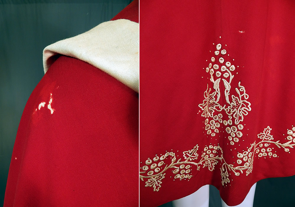 Victorian Red Wool White Embroidered Grape Vine Leaf Winter Cloak Cape
It is in fair as-is condition, with a few faint small stains and several moth nips and holes scattered (see close-ups). This is truly a wonderful piece of antique Victoriana wearable art and would be great for display! 