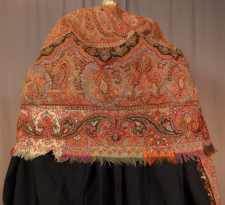 Victorian Antique Wool Signed Kashmir Paisley Shawl Collar Cloak Cape
There is a colorful Kashmir wool hand stitched embroidered pieced patchwork style fringed border trim edging.