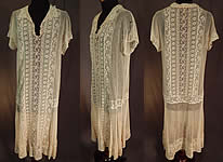Vintage Embroidered Cream Net Filet Crochet Mixed Lace Drop Waist Shift Dress
