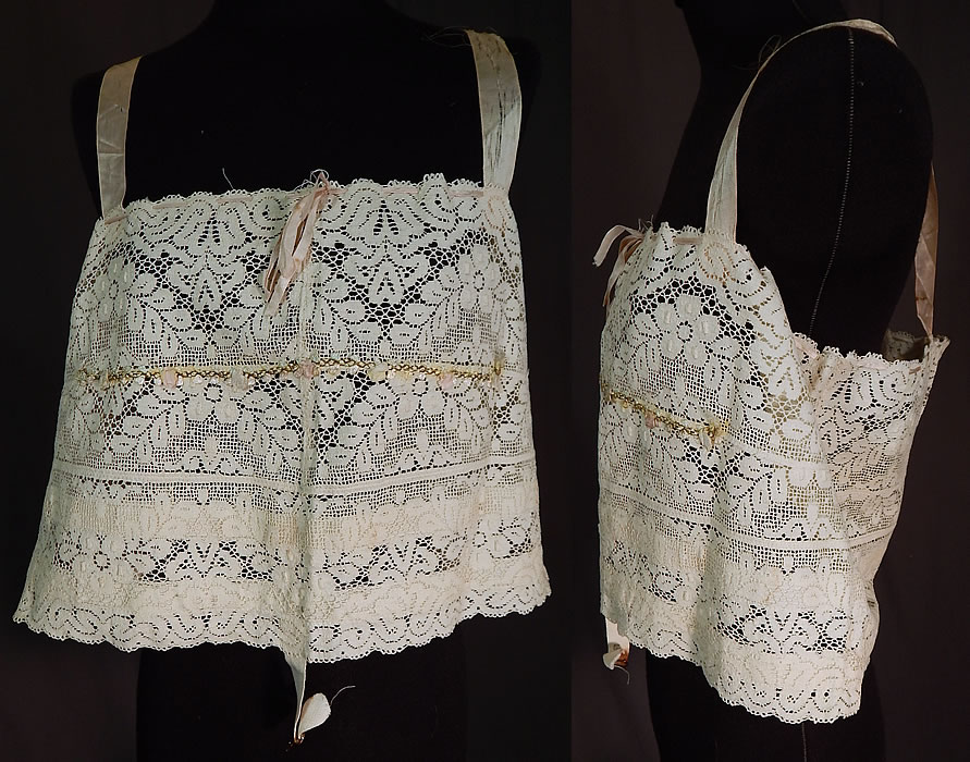 Vintage Bien Jolie Brassiere White Filet Lace Rosette Camisole Bra Bandeau Top
This vintage Bien Jolie Brassiere white filet lace rosette camisole bra bandeau top dates from 1920. It is made of a patchwork of a sheer white cotton filet lace fabric, with pastel silk rosette ribbon work trim edging the front.