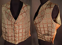 Victorian Gentleman's Grid Lattice Trellis Vine Silk Damask Brocade Waistcoat Vest 
