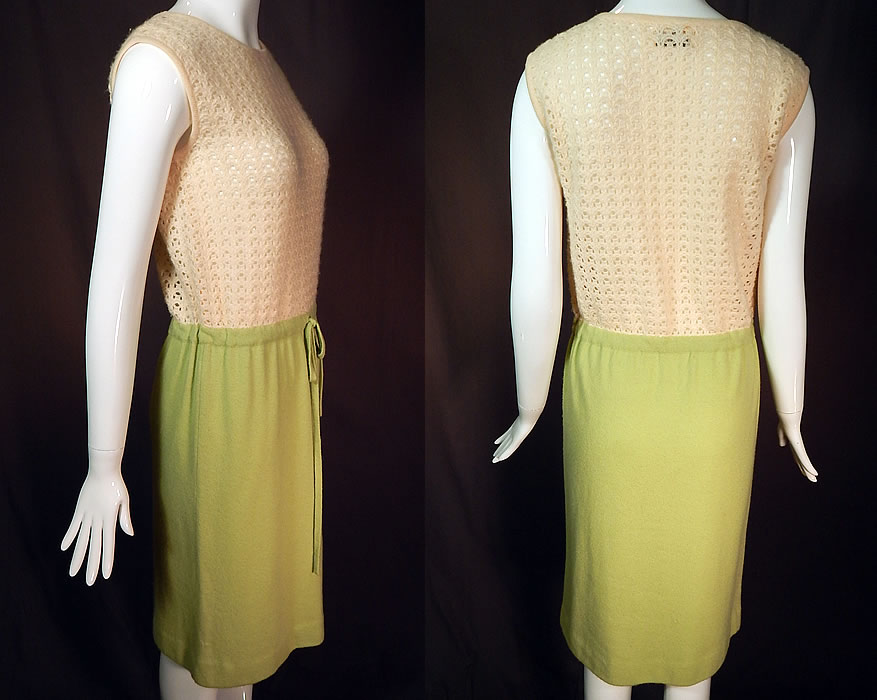 Vintage Pringle Scotland Cashmere Crochet Knit Sweater Shift Dress Pencil Skirt
This sensational sweater dress has a straight shift style, sleeveless, with a ribbed fitted adjustable drawstring waistband, pencil skirt and is unlined, completely sheer on the top. 