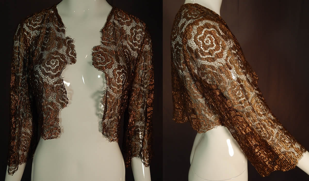 Vintage Art Deco Gold Metallic Lamé Lame Lace Crop Top Bolero Jacket Shrug
This lovely lace shrug style bolero jacket has a short cropped length with scalloped edging, an open front with no closure, long full sleeves and is sheer, unlined. The top measures 14 inches long, with a 36 inch bust, 15 inch long sleeves and 14 inch back. 