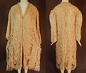 Edwardian Antique Cream Silk Lined Battenburg Tape Lace Long Coat Jacket 
