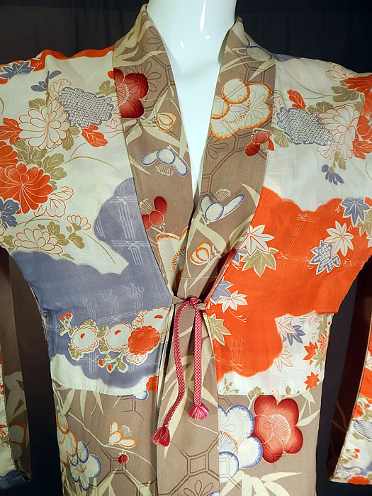 Vintage Japanese Silk Screen Plum Blossom Reversible Haori Kimono Robe Jacket
