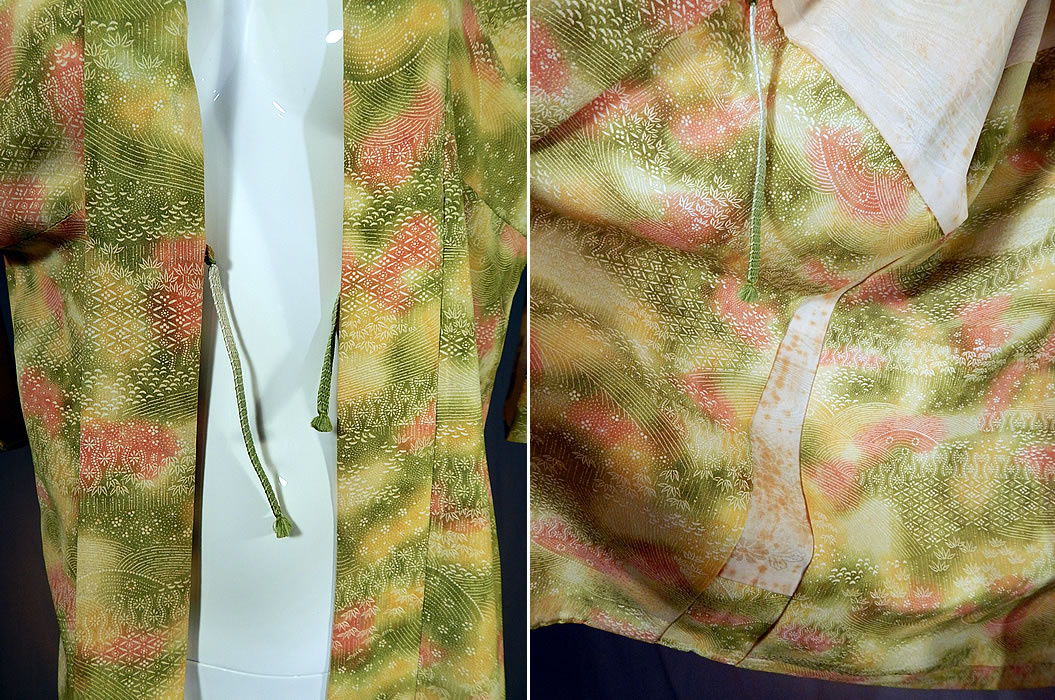 Vintage Japanese Silk Chartreuse Green Pink Ombre Haori Kimono Robe Jacket
It is in good as-is condition, has not been cleaned, with some faint foxing age spot stains on the inside lining (see close-up). This is truly a wonderful piece of wearable Japanese textile art!