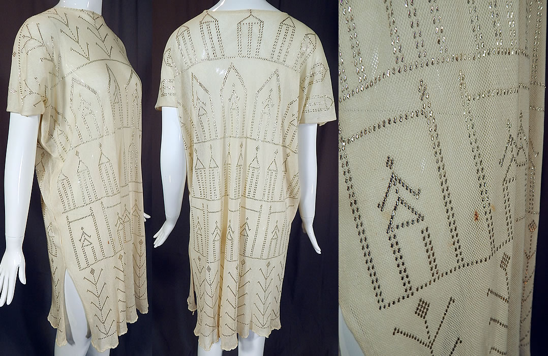 Vintage Art Deco Egyptian Assuit Shawl White Net Silver Studded Tunic Mini Dress
The dress measures 38 inches long, with a 50 inch bust, 50 inch waist and 50 inch hips. It is in good condition, with only a couple of tiny faint age spot stains (see close-up). This is truly a rare, one of a kind piece of wearable Egyptian Revival textile art!
