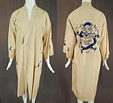 Vintage Antique Chinese Dragon Blue Embroidered Pongee Raw Silk Kimono Robe 

