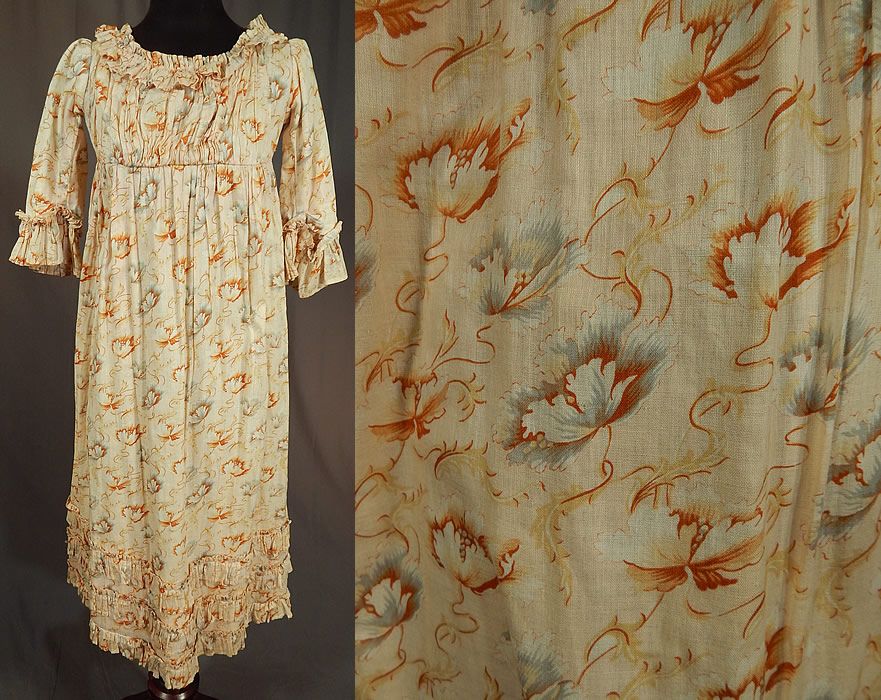 Victorian Girls Art Nouveau Floral Print Cotton Empire Waist Regency Style Dress
It is made of an off white cream color cotton fabric, with a yellow, brown and blue print Art Nouveau style flower design. 