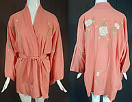 Vintage Japanese Pink Peony Floral Embroidered Muslin Belted Kimono Robe Jacket
