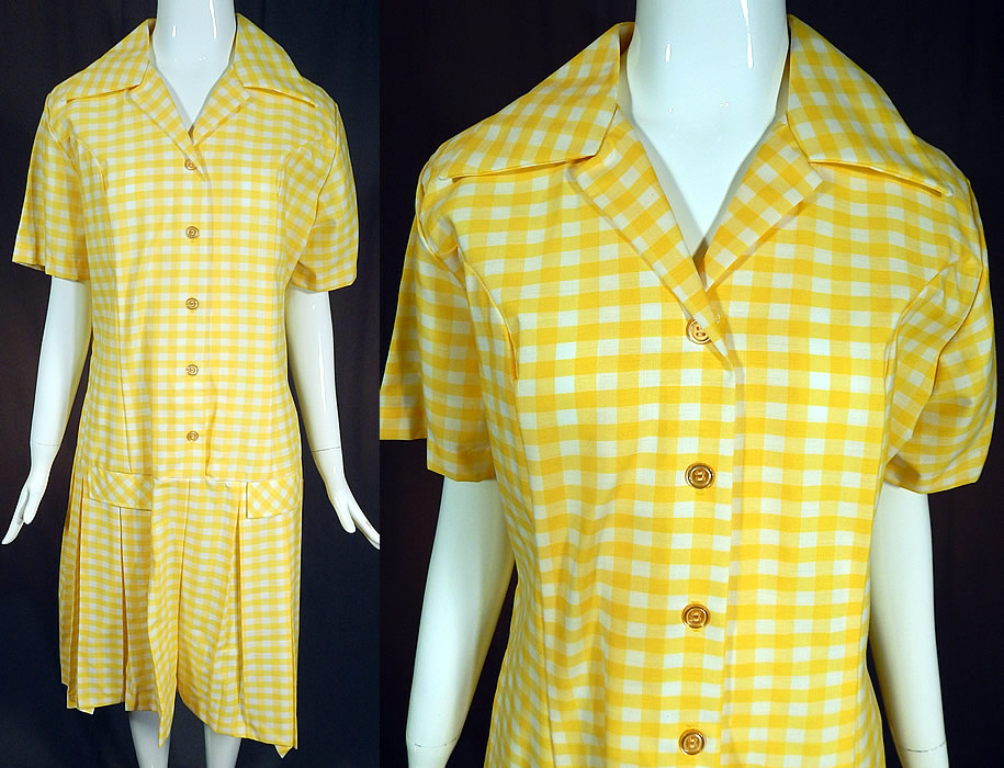 Vintage Country Bird Yellow & White Cotton Check Gingham Dress NWT
This vintage Country Bird yellow and white cotton check gingham dress dates from the 1960s. It is made of a yellow and white cotton polyester blend checkered gingham fabric. 