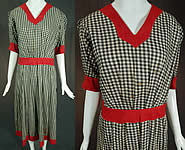 Vintage Edwardian Black & White Cotton Gingham Plaid Red Trim Swimsuit Dress 
