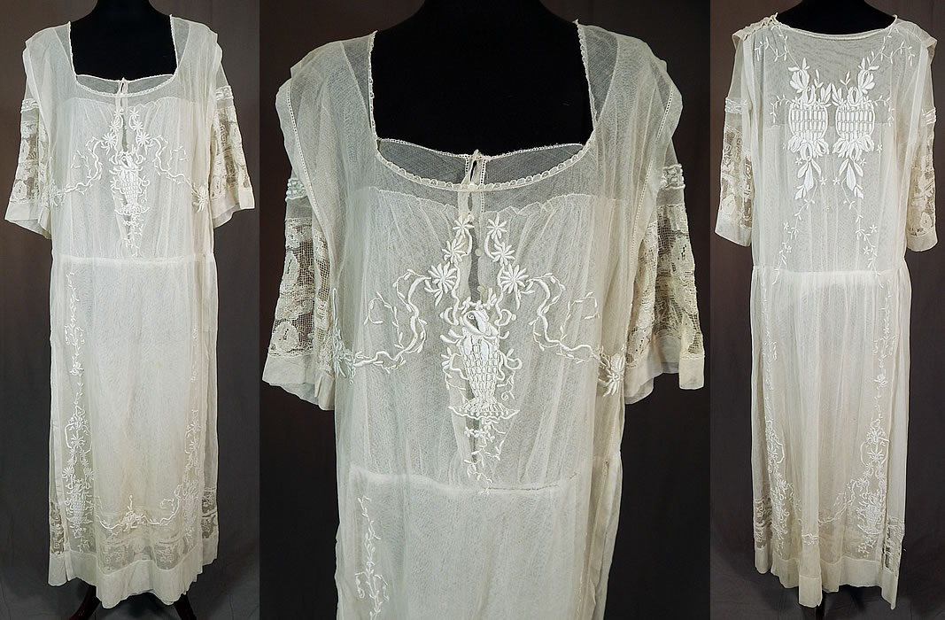 Vintage Embroidered French Knot White Net Crochet Filet Lace Tabard Top Dress