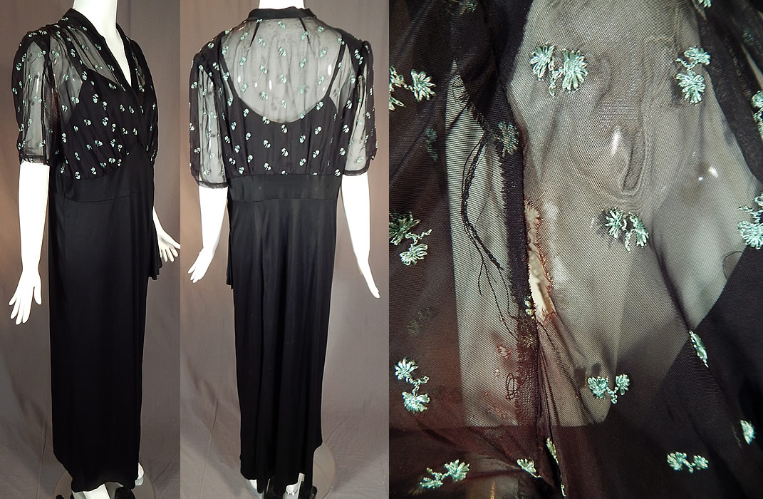 Vintage Blue Embroidered Flowers Black Silk Jersey Maxi Evening Gown Dress
It is in good as-is condition, with a few faint small stains on the skirt, a small open seam on the back skirt and under one arm (see close-up). This is truly a wonderful piece of wearable art! 