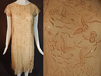 Vintage Butterfly French Knot Embroidered Ecru Silk Filet Lace Chemise Shift Dress 
