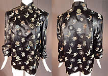 Vintage Hong Kong Chinese Character Ji Lucky Black Silk Damask Coat Jacket
