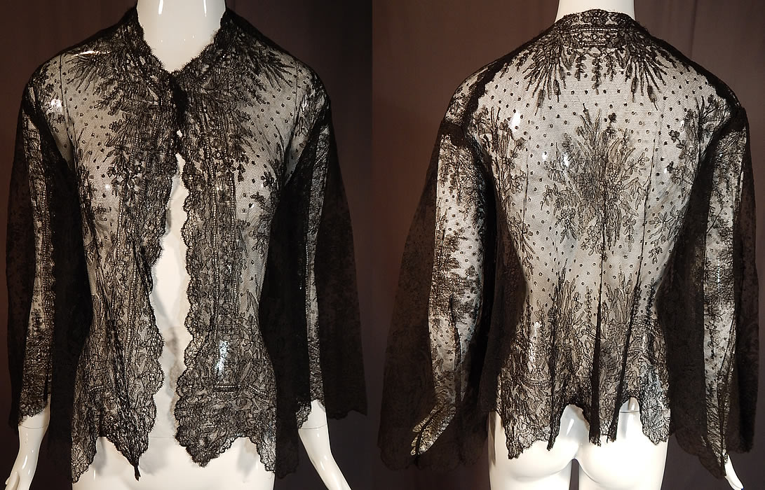 Victorian Antique Black Chantilly Lace Shawl Wide Pagoda Sleeve Jacket
This antique Victorian Civil War era black Chantilly lace shawl wide pagoda sleeve jacket dates from the 1860s. 