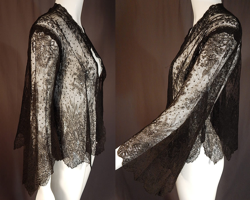 Victorian Antique Black Chantilly Lace Shawl Wide Pagoda Sleeve Jacket
This lovely lace has a lush floral foliage design throughout. 