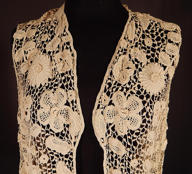 Edwardian Antique White Irish Crochet Lace Long Sleeveless Vest Jacket
The top measures 26 inches long, with a 38 inch bust, 36 inch waist and 36 inch hips. 