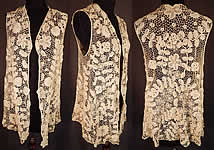 Edwardian Antique White Irish Crochet Lace Long Sleeveless Vest Jacket 


