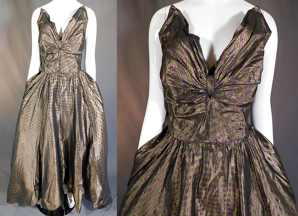 Vintage Diminutives Designed By Martini Taffeta Striped Strapless Gown Formal Dress
This vintage Diminutives Designed By Martini taffeta striped strapless gown formal dress dates from the 1950s. It is made of an iridescent purple, green and gold striped silk taffeta lustrous fabric.