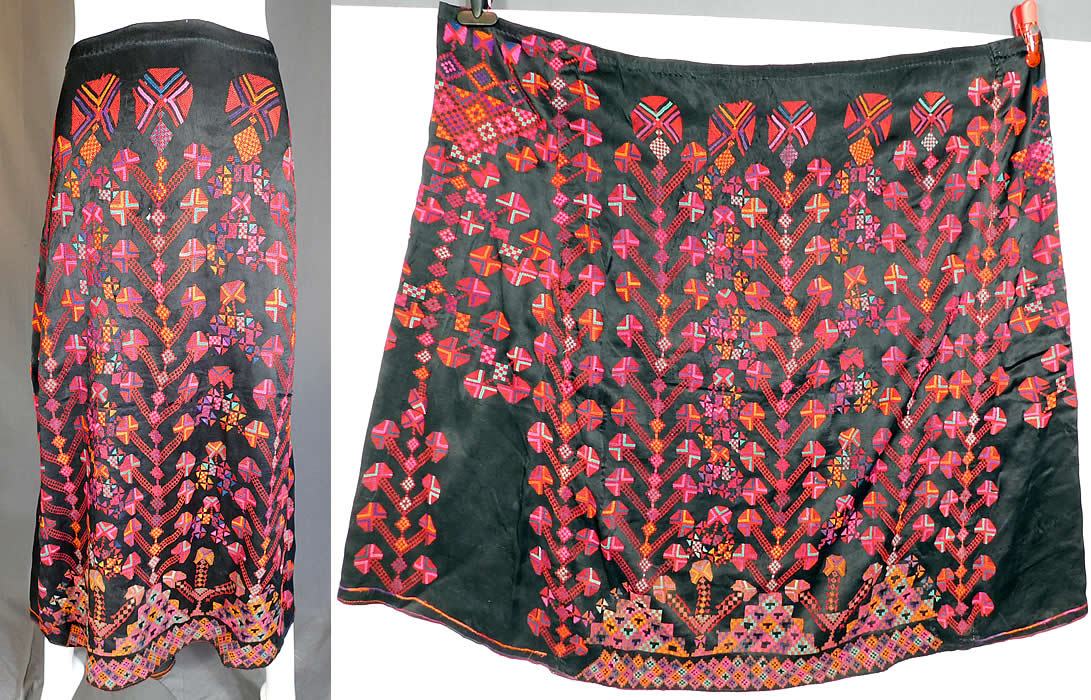 Vintage Palestinian Colorful Cross Stitch Hand Embroidery Ethnic Bedouin Boho Skirt Fabric
It is made of a lustrous black silk charmeuse satin weave fabric, with vibrant colorful cross stitch hand embroidery work done in decorative geometric shapes, ethnic tribal nomadic bedouin designs. 