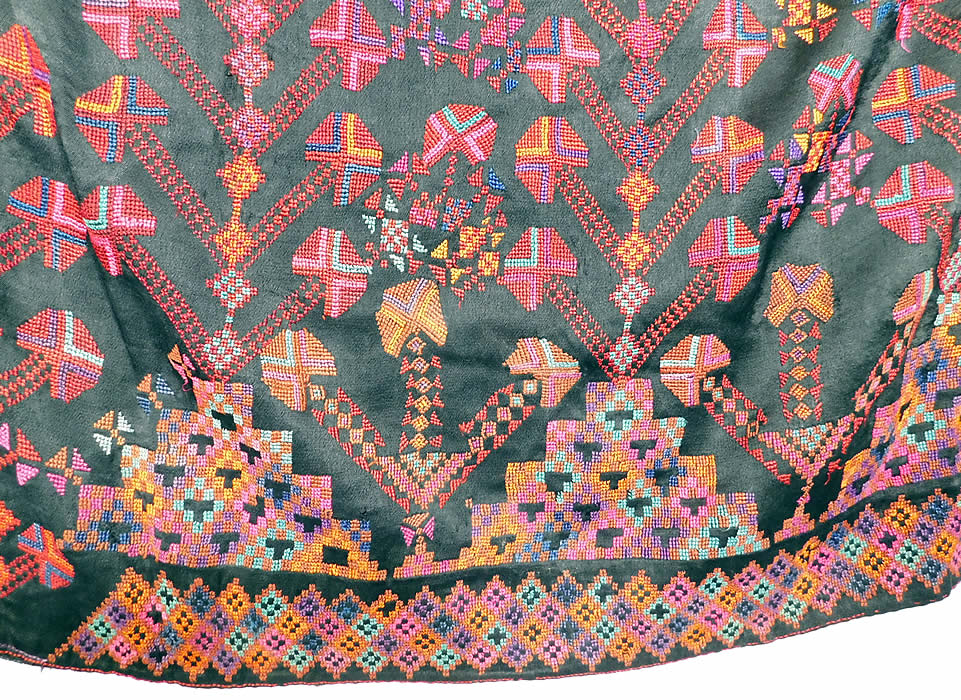 Vintage Palestinian Colorful Cross Stitch Hand Embroidery Ethnic Bedouin Boho Skirt Fabric
This is truly a wonderful piece of traditional Palestine embroidery wearable folk art!