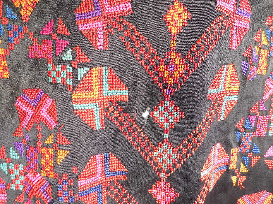 Vintage Palestinian Colorful Cross Stitch Hand Embroidery Ethnic Bedouin Boho Skirt Fabric
It is in fair as-is condition, with several tiny pin holes, frays, snagged pulls scattered in areas ( see close-ups).
