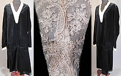Vintage Black Velvet Cream Tambour Embroidery Lace Collar Cuffs Drop Waist Dress
