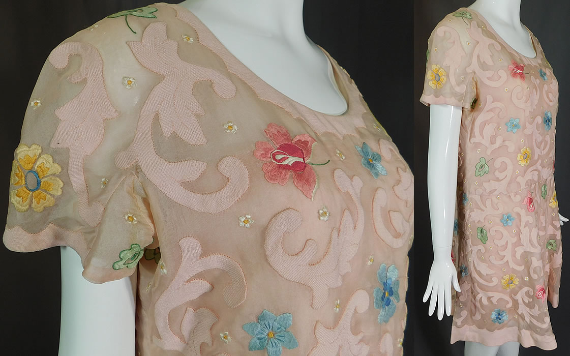 Vintage Samuel Winston by Roxane Pink Pastel Floral Embroidered Mini Dress
It is in good as-is condition, with some faint underarm discoloration, a tiny hole under each arm and a small fray on the back of one arm. This is truly a wonderful piece of wearable art! 