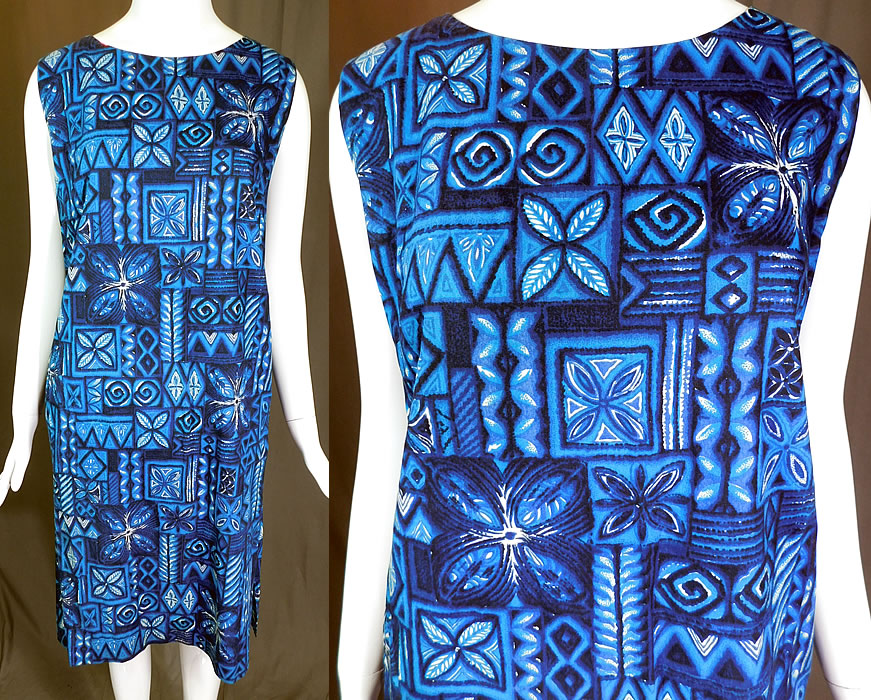 Vintage Fashions of Hawaii Blue Hawaiian Polynesian Print Cotton Shift Dress
It is made of varying shades of blue done in a tapa cloth inspired Polynesian print cotton fabric. This retro Hawaiian short shift style loose fitting dress is sleeveless, with a side slit vents skirt, side slit pocket and is unlined.