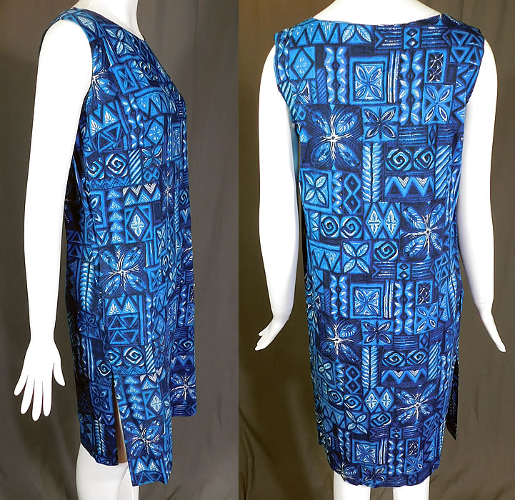 Vintage Fashions of Hawaii Blue Hawaiian Polynesian Print Cotton Shift Dress
This vintage Fashions of Hawaii blue Hawaiian Polynesian print cotton shift dress dates from the 1960s. It is made of varying shades of blue done in a tapa cloth inspired Polynesian print cotton fabric. 