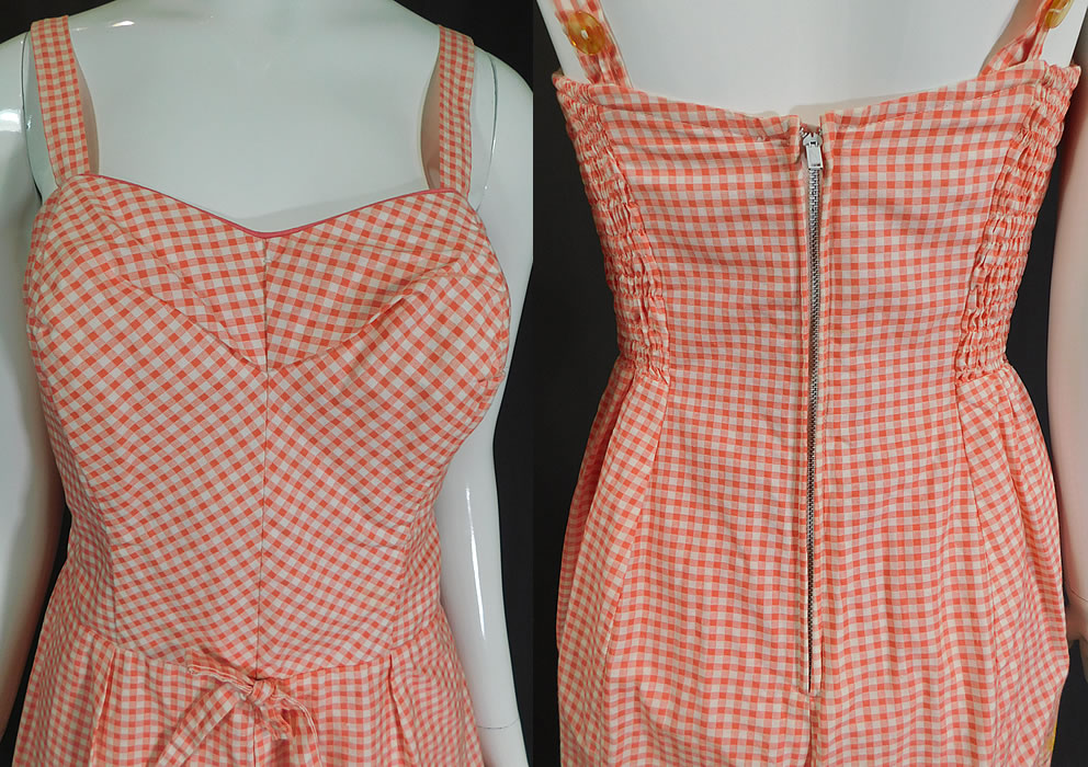 Vintage Styled by Lee Swimplay Suits Gingham Cotton Romper Playsuit Swimsuit
It is made of a pink and white gingham check cotton fabric, with a decorative cross stitch pattern print trim design along the bottom. 