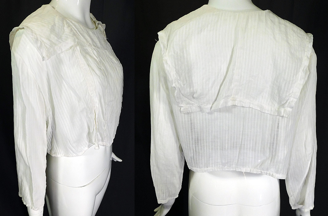 Edwardian White Cotton Batiste Striped Sailor Collar Middy Blouse Shirt
The blouse measures 15 inches long, with a 40 inch bust, 40 inch waist, 17 inch long sleeve and 14 inch back. It is in good as-is condition, with a few tiny frayed holes on one sleeve cuff. This is truly a wonderful piece of womens sportswear wearable art!