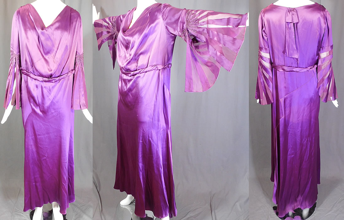 Vintage Art Deco Purple Silk Beaded Bell Sleeve Bias Cut Dress Evening Gown
It is made of a purple silk fabric, with striped sheer silk chiffon cutaway bell sleeves and purple beaded accents. 