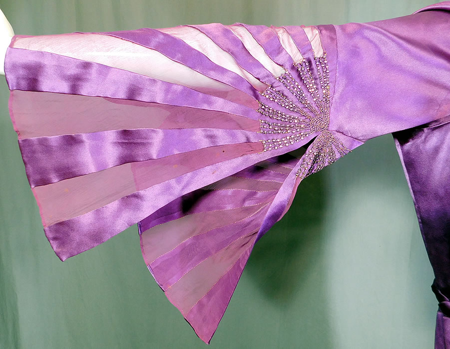 Vintage Art Deco Purple Silk Beaded Bell Sleeve Bias Cut Dress Evening Gown

