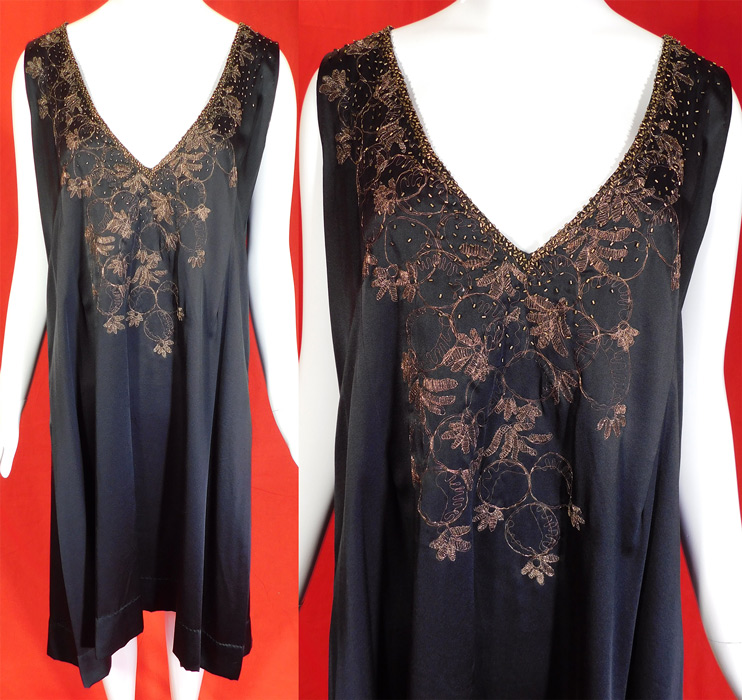 Vintage Art Deco Black Silk Gold Beaded Lame Embroidered Flapper Dress
It is made of a black silk charmeuse fabric, with gold metallic lame threads woven embroidered into an Art Deco circular floral leaf design with gold beaded accents around the neckline.
