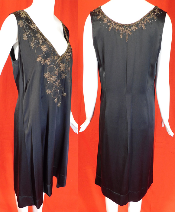 Vintage Art Deco Black Silk Gold Beaded Lame Embroidered Flapper Dress
This fabulous flapper dress is loose fitting, with a straight shift style, sleeveless, with decorative beaded embroidered trim edging around the plunging V front top neckline and is unlined. 