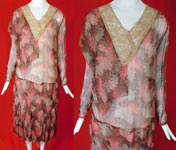Vintage Pink Lilac Flower Print Silk Chiffon Lace Asymmetrical Drop Waist Dress

