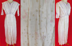 Edwardian White Cotton Brown Polka Dot Pink Roses Print Lavender Trim Dress
