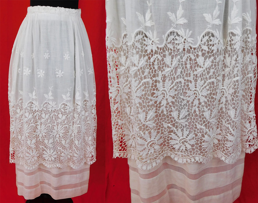 Edwardian Embroidered White Cotton Batiste Lace Layered Tea Length Skirt
This lovely lace skirt has a layered tiered style with a lace bottom overskirt, pleated underskirt, is a long tea length, with a lace trim fitted waistband, hook snap closures on the back and is lined. 