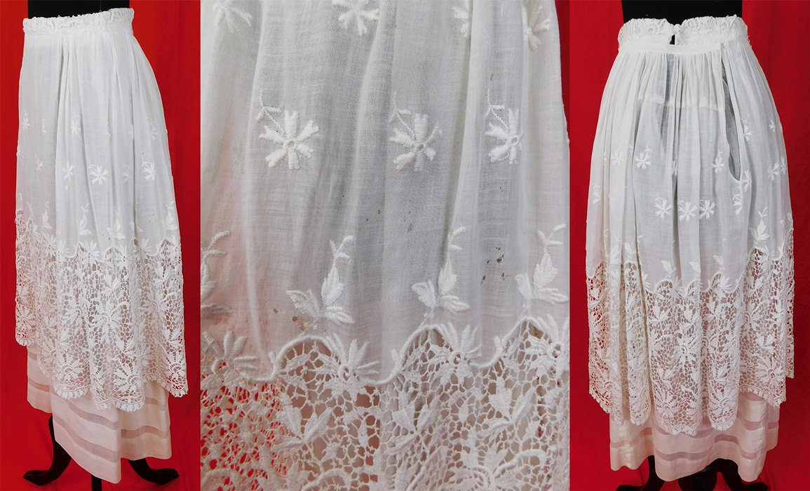 Edwardian Embroidered White Cotton Batiste Lace Layered Tea Length Skirt
It is in good as-is condition with several small frayed holes on the side (see close-up). This is truly a wonderful piece of wearable lace art! 