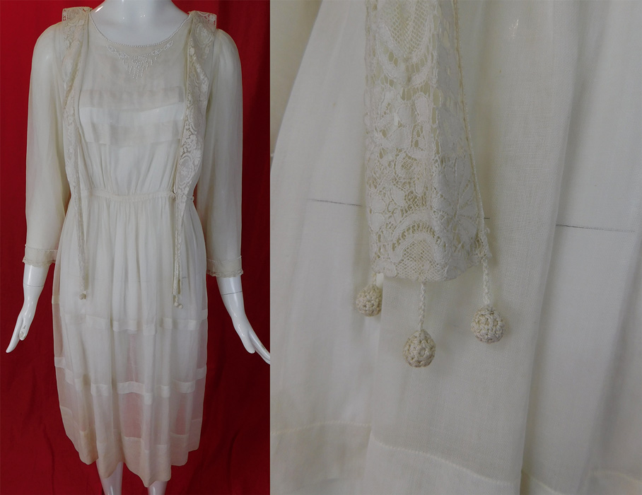 Edwardian Teens Titanic Era White Cotton Batiste Beaded Lace Trim Tea Dress
It is made of a sheer white cotton batiste fabric with white beaded trim edging the front neckline, sleeves cuffs and white lace long shoulder panels with crochet ball trim ends. 