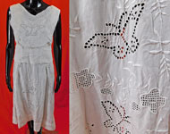 Vintage White Linen Embroidered Eyelet Drawn Cutwork Floral Butterfly Shift Dress