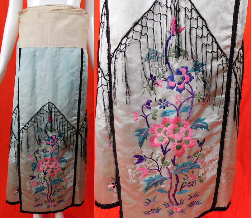Vintage Antique Chinese Blue Silk Damask Floral Embroidered Wrap Wedding Skirt
