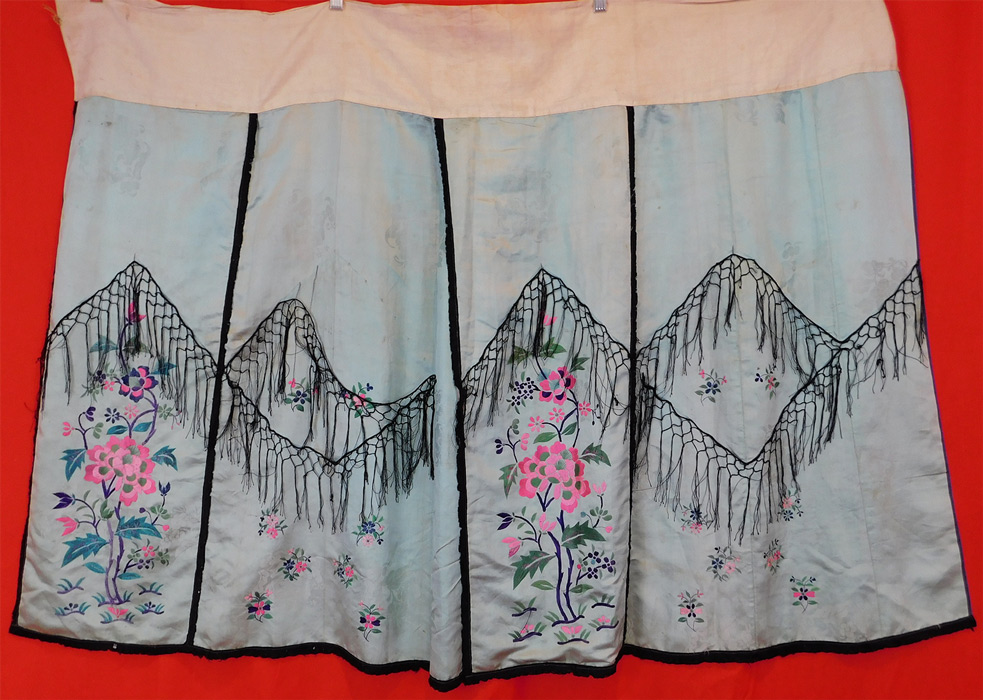 Antique Chinese Blue Silk Damask Floral Embroidered Wrap Wedding Skirt
The skirt measures 37 inches long, with a 45 inch wide waist along the top. 