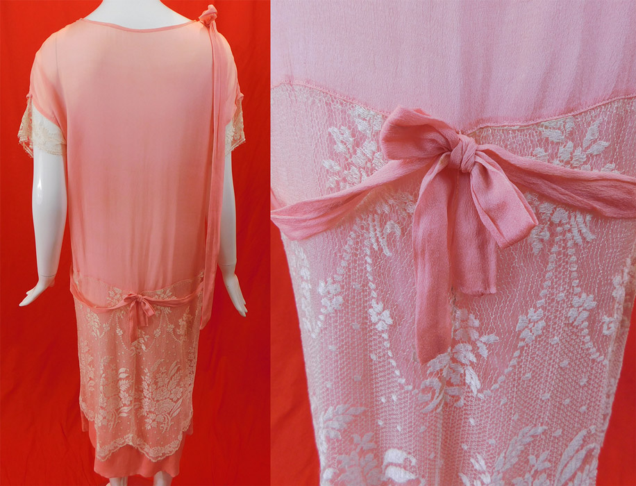 Vintage Pastel Pink Silk White Net Lace Overlay Skirt Belted Drop Waist Dress
