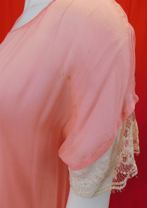 Vintage Pastel Pink Silk White Net Lace Overlay Skirt Belted Drop Waist Dress
It is in good condition, with only a few faint small age spot stains on ribbon trim ends and on the front sleeve (see close-up). This is truly a wonderful piece of wearable art! 