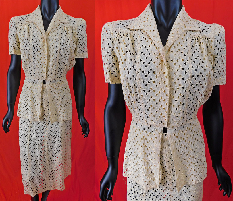 This vintage blush pink eyelet cutwork cotton peplum blouse swing skirt suit dress dates from the 1940s. It is made of a pale blush pink color cotton fabric with eyelet cutwork polka dot details and raised spiral scrolling designs.