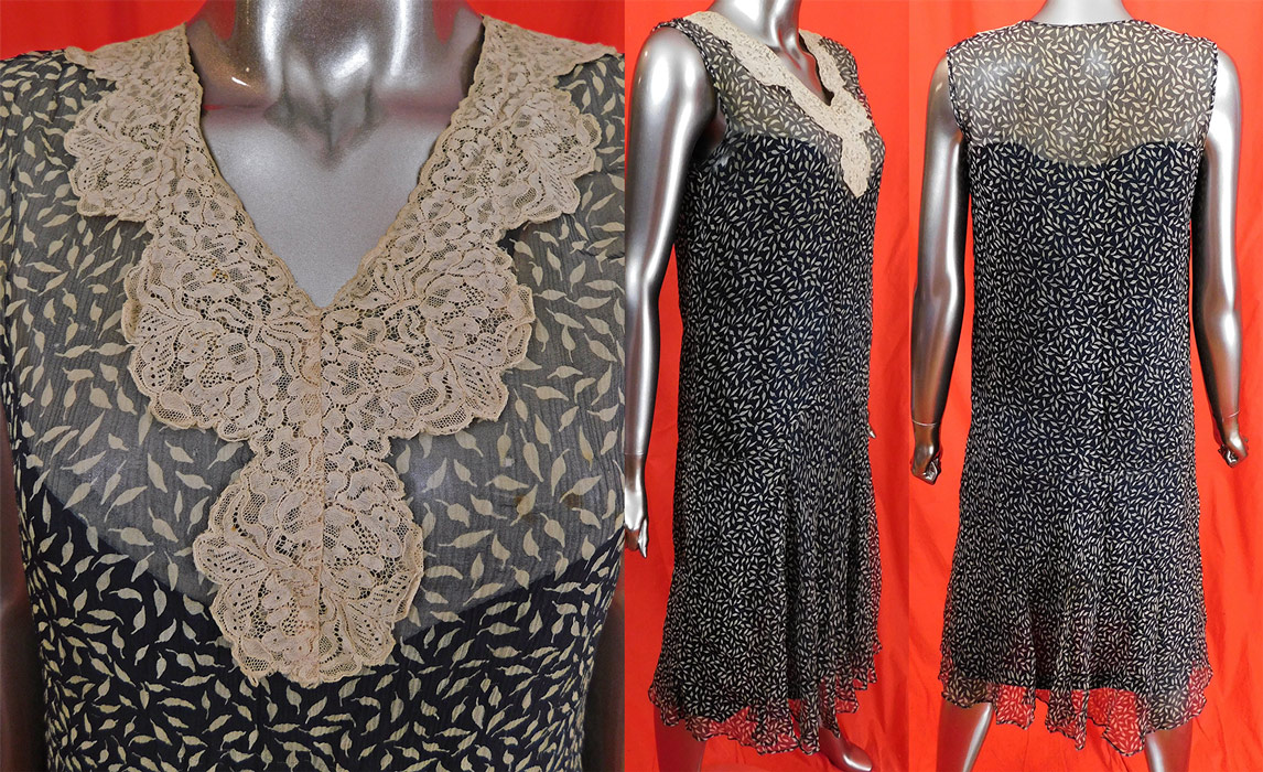 Vintage Art Deco Black & Beige Chiffon Leaf Print Lace Collar Trim Drop Waist Dress
The dress measures 46 inches long, with a 36 inch bust, 36 inch waist and 36 inch hips. It is in good condition, with a few faint small age spot stains on the front top and on the back skirt (see close-ups). This is truly a wonderful piece of Art Deco wearable art! 